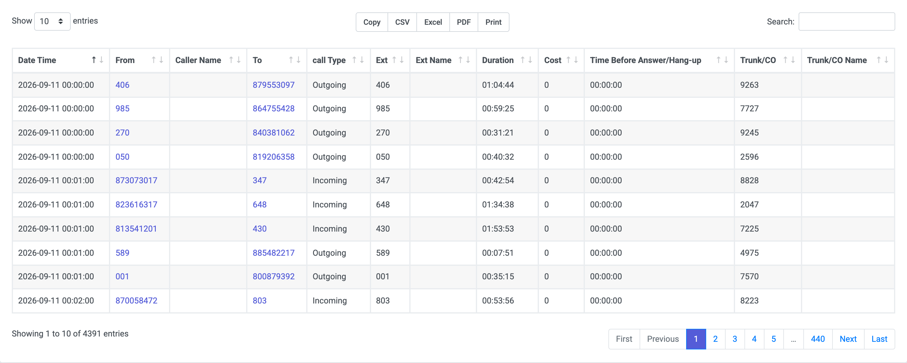 PBXDom demo-account call history showing date, direction, extension, duration and trunk columns