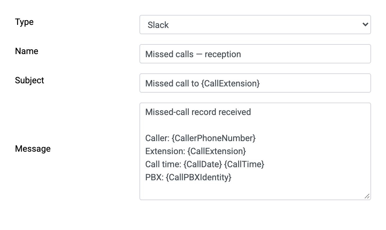 Native PBXDom Slack alert template with caller number, extension, time and PBX variables