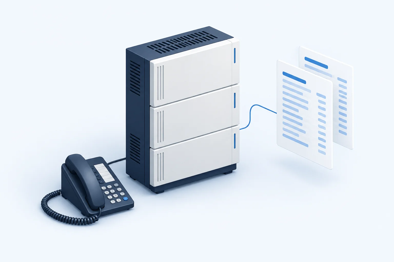 Concept illustration of a legacy telephone exchange cabinet, desk phone and call records