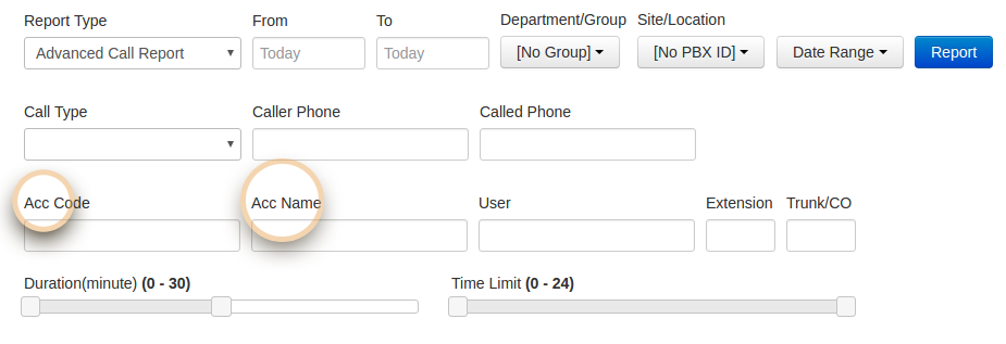 Add search by Account Code, Account Name on Advanced Call Report