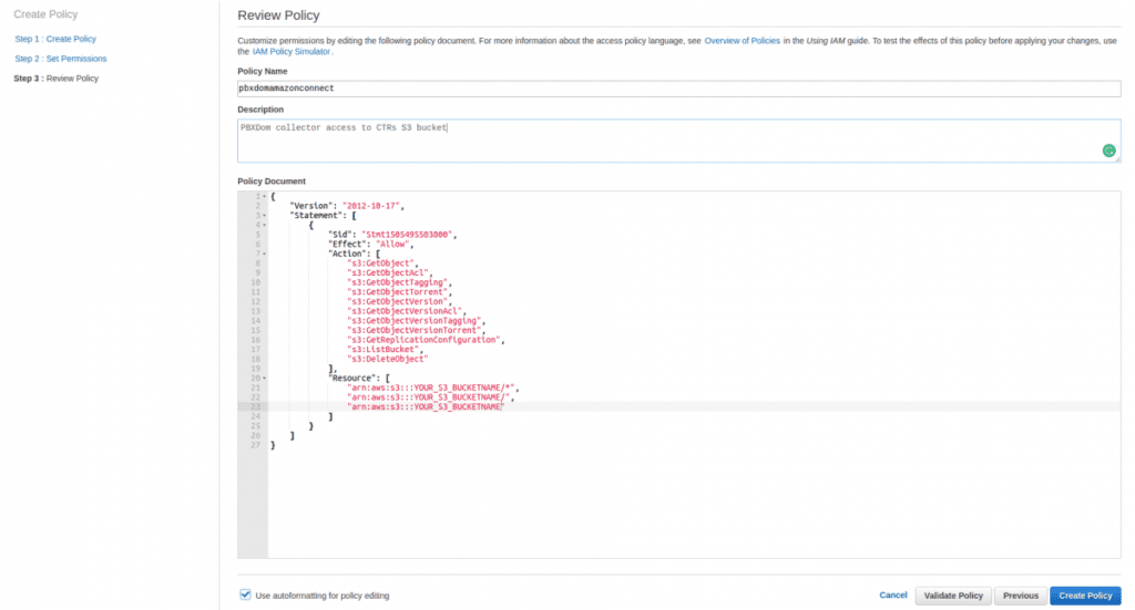 Create Policy for S3 CTRs Bucket