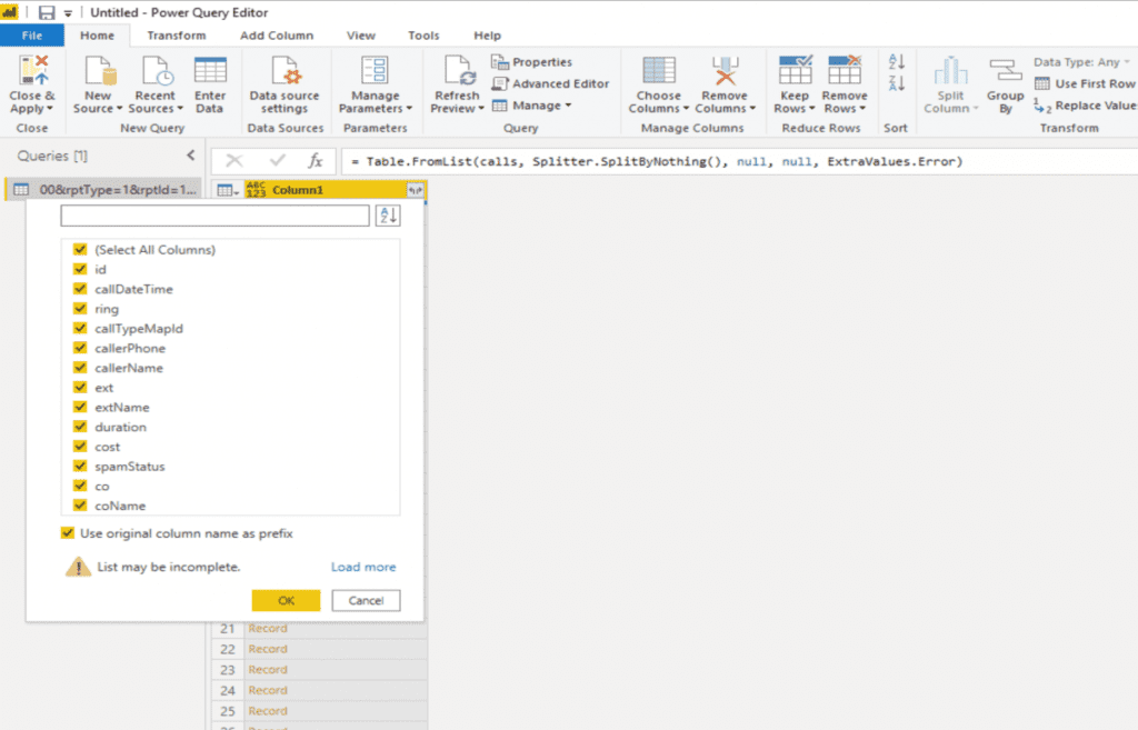 PowerBI API result field list