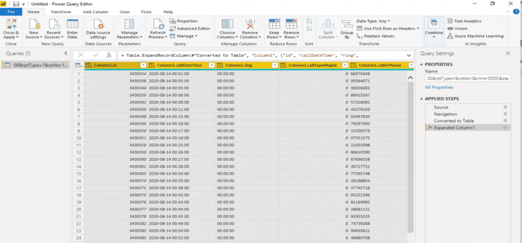 PBXDom API fields list in PowerBI